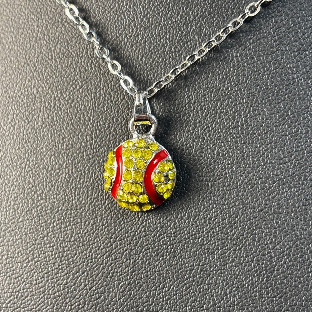 Pendant Necklace Silver Tone‎ Delicate Softball Rhinestone Y2K Preppy